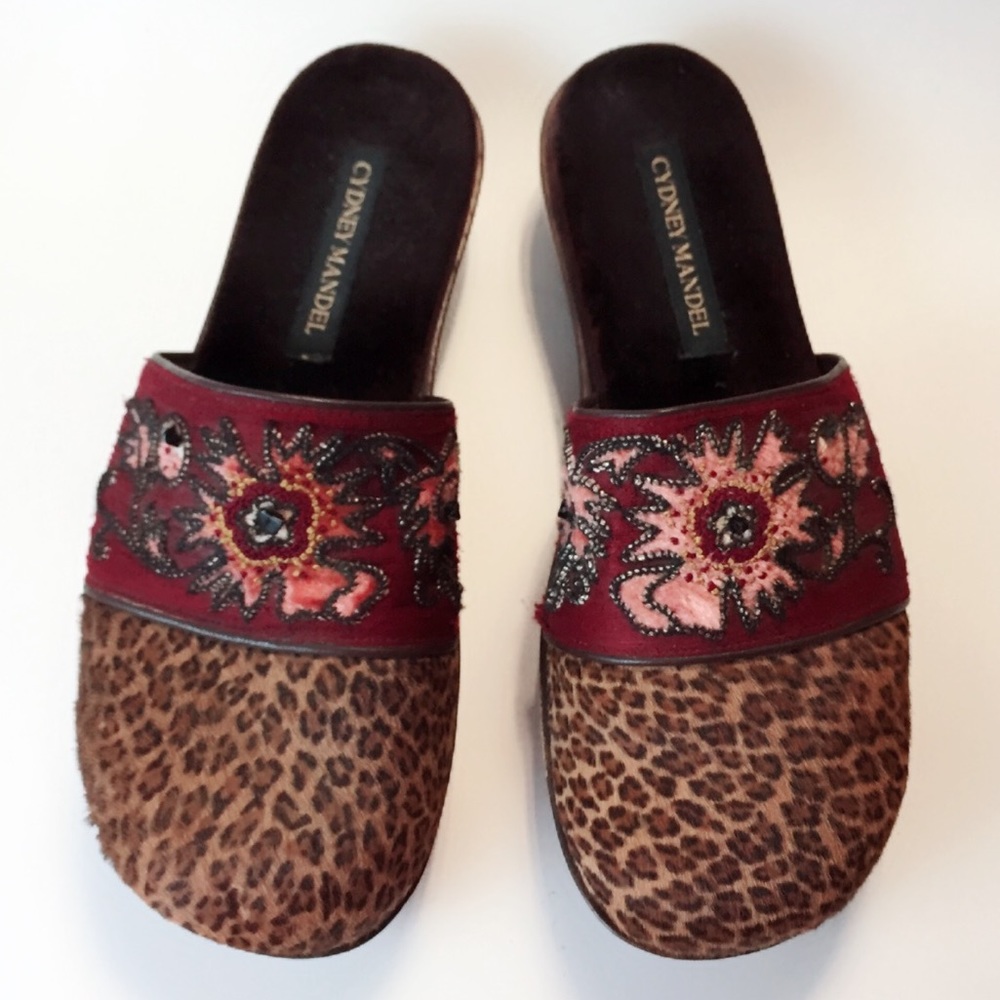Cydney Mandel Leopard Velvet and Silk Beaded Clogs